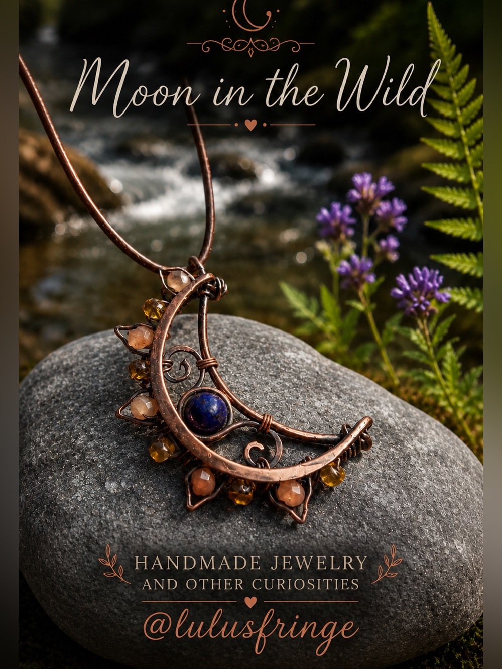 Moon in the Wild Handmade Crescent Necklace — Copper with Lapis And Sunstones